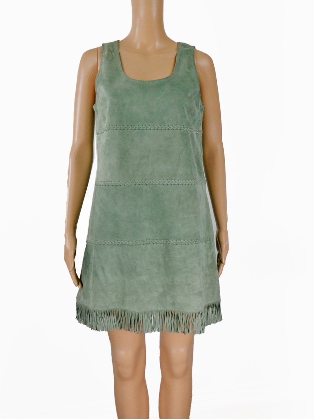 Vintage 2000s Y2K Topshop Green Boho Western Suede Leather Fringe Shift Dress